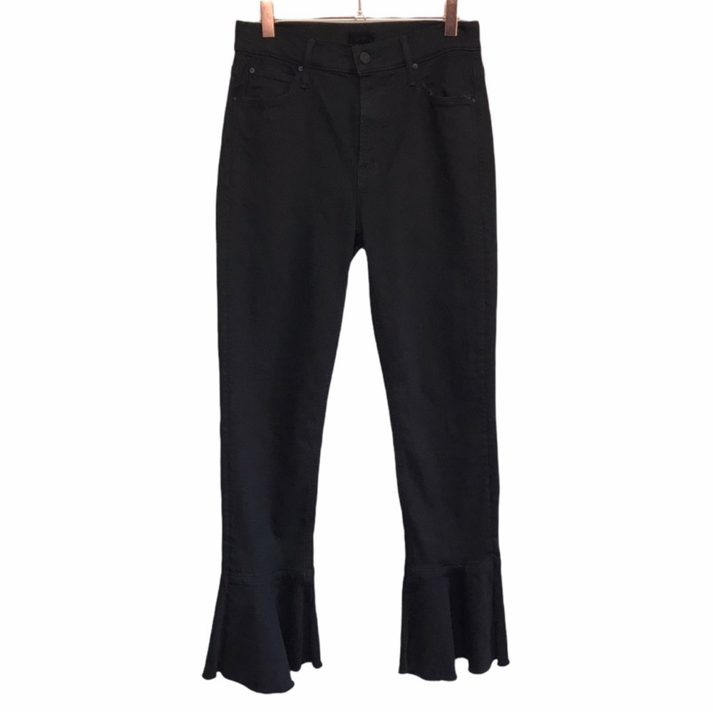 MOTHER High Rise Flare Black Jeans Cha Cha Fray 28